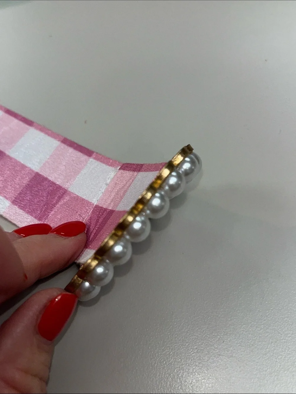 Source Unknown Pink and White Gingham Pearl Buckle Belt